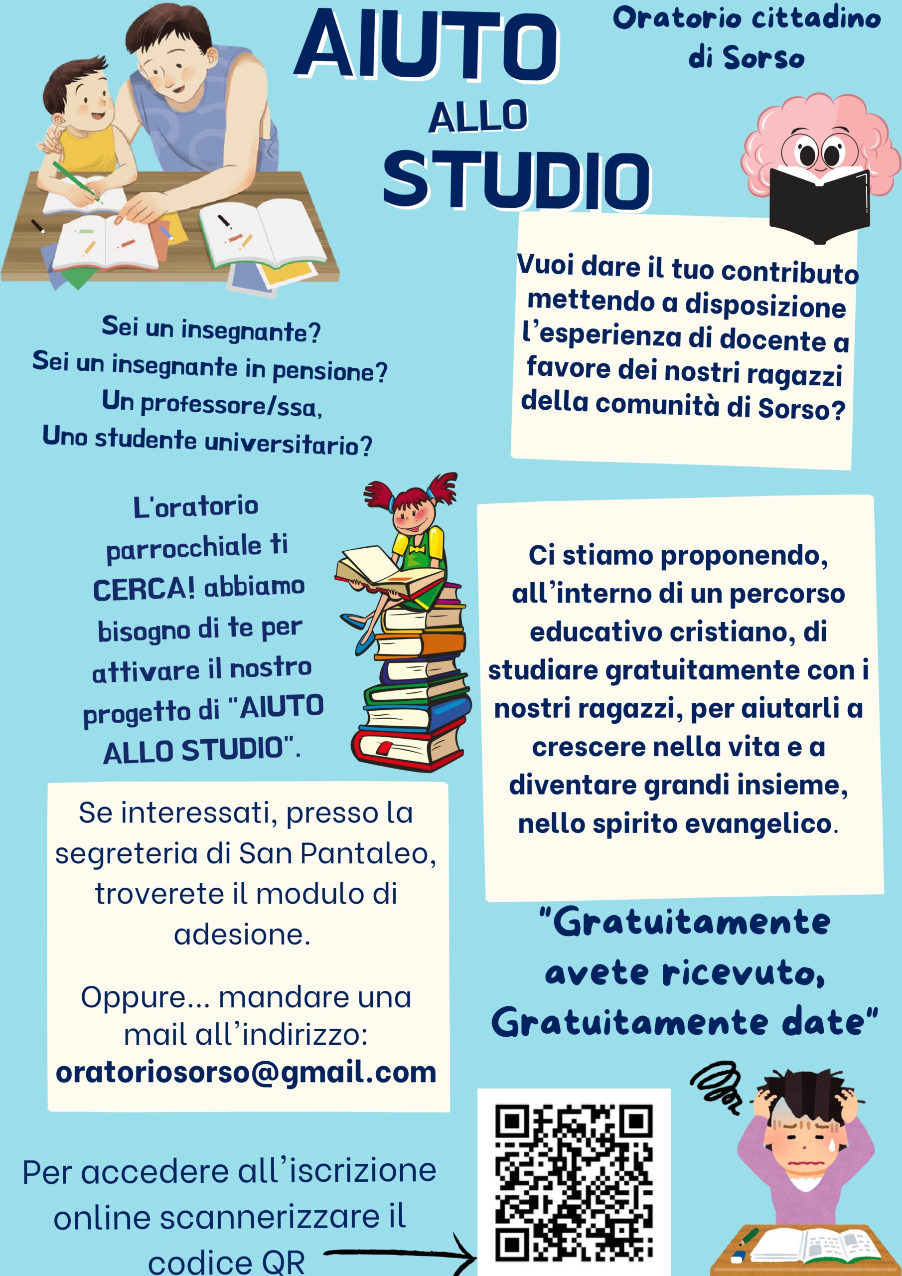 CERCHIAMO DOCENTI VOLONTARI PER “AIUTO ALLO STUDIO” IN ORATORIO